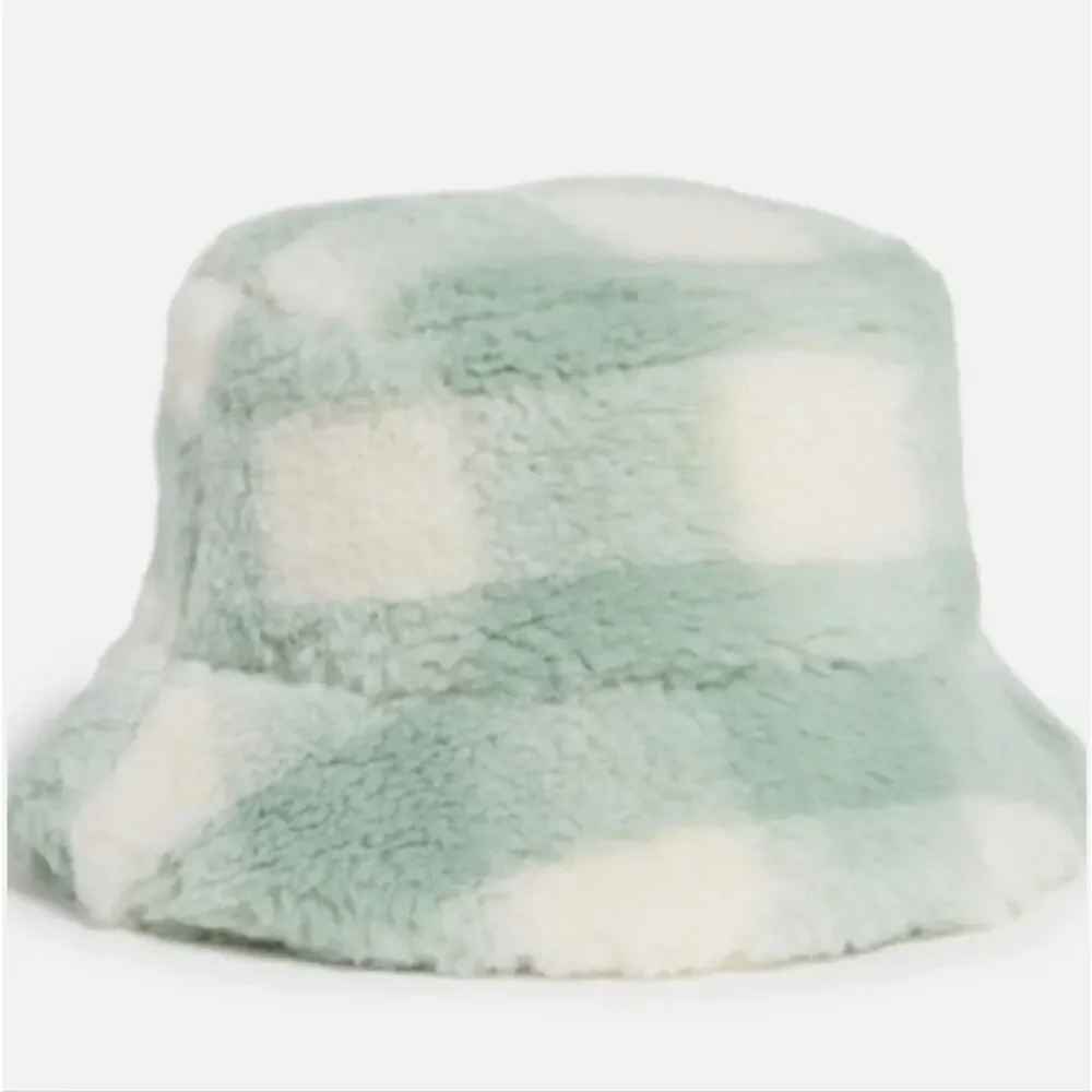 Stand Studio NWT Wera Fuzzy Check Bucket Hat Mint Wool Blend SMALL